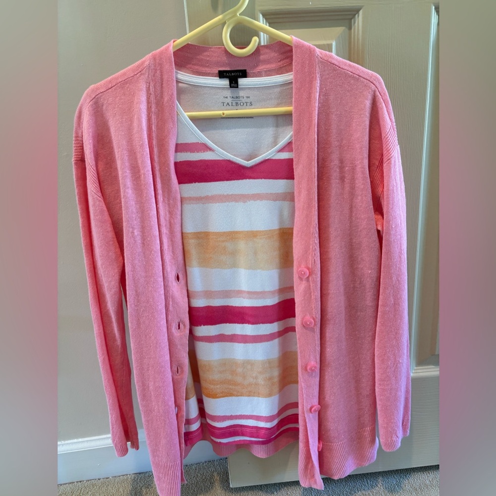 Talbots Pink Cardigan with Striped Tee
